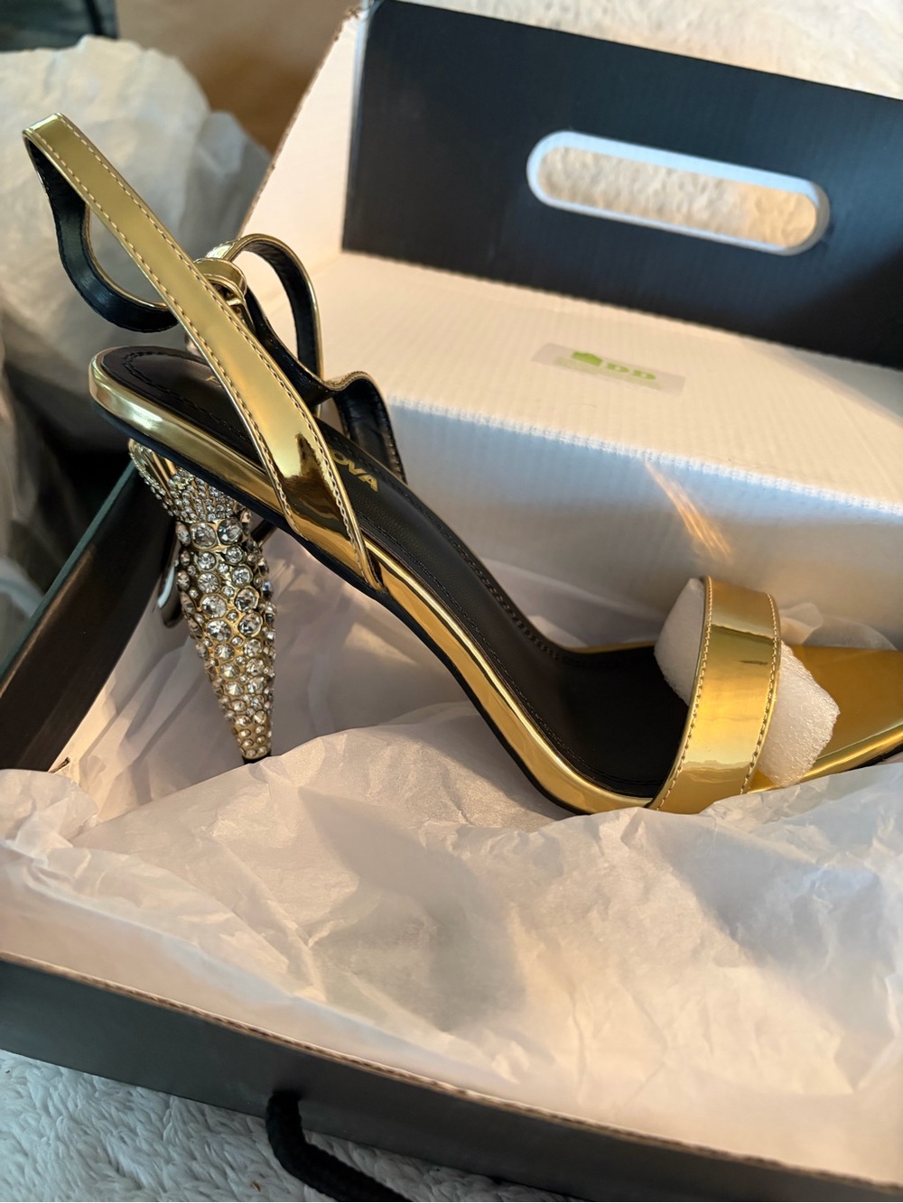 Fashion Nova Gold Pointed Toe Stiletto Sandal with Jeweled Heel - Picture 2 of 4